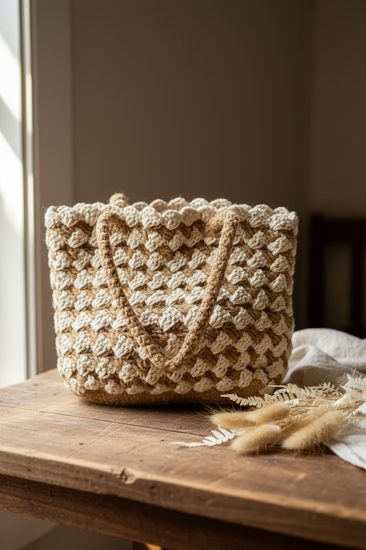 Amano Handwoven Cotton and Jute Bag in artisanal setting